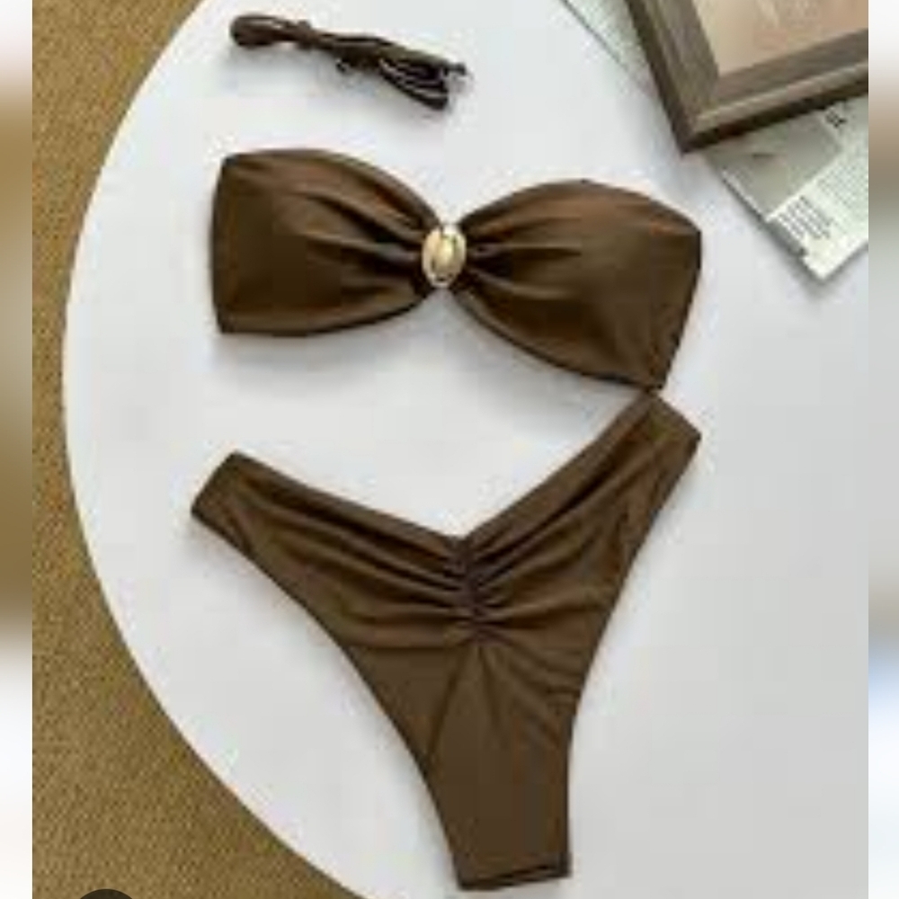 NWOT Shein Brown Bandeau Bikini Set With Gold Detail High Rise Cheeky Size Med